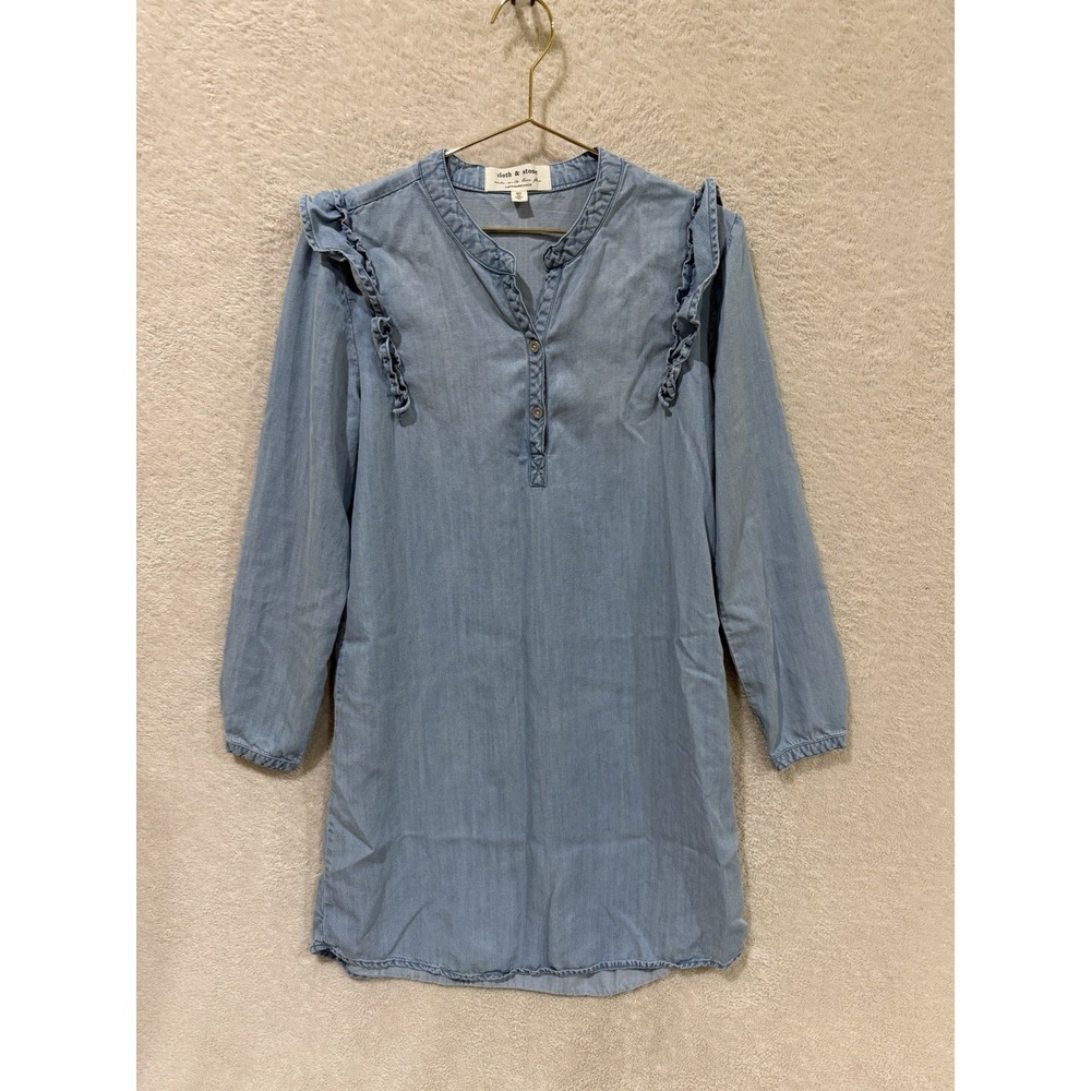 Cloth & Stone Chambray Shirt Dress Womens Medium Blue Ruffle Long Sleeve Anthro